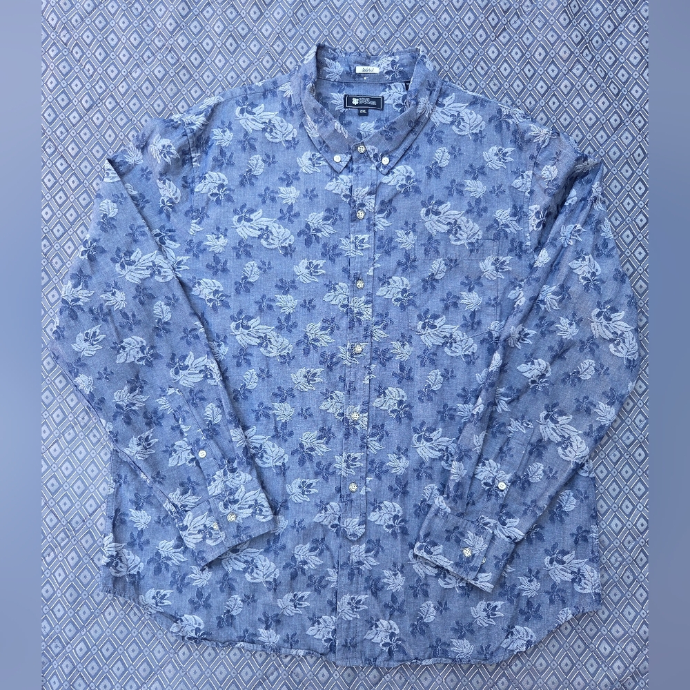 Reyn Spooner Leaves Floral Print Hawaiian Shirt Long Sleeve Blue Size 2XL XXL